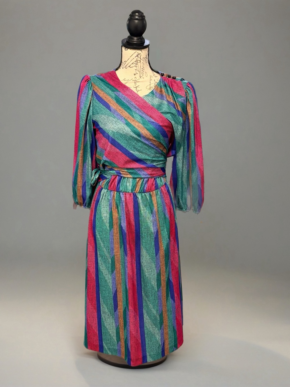 Vtg 80s Jenny Abstract Striped Secretary Midi Dress w/ Faux Wrap Top Sz 16 Retro